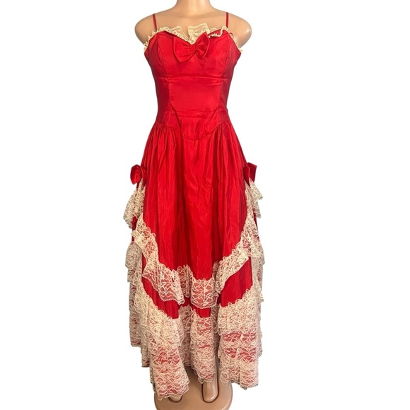 Vintage Alfred Angelo Flirtations Red Southern Belle Lace Tiered Prom Dress - Picture 10 of 14